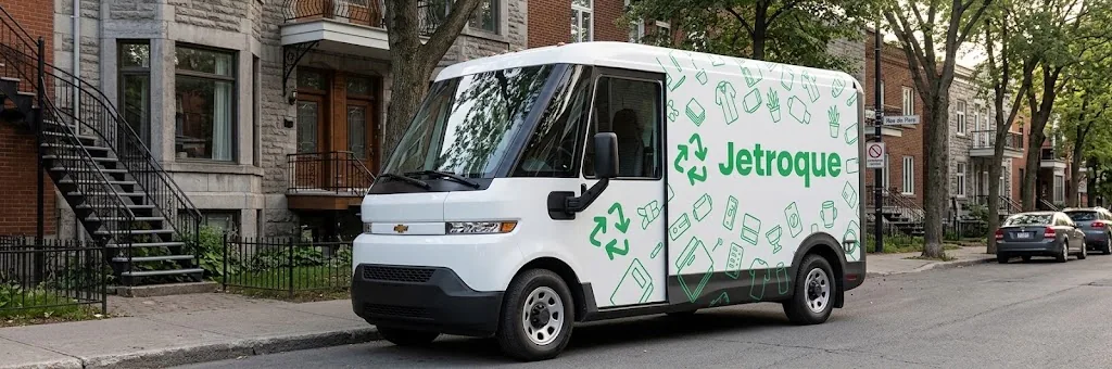 Camion aux couleurs de Jetroque stationné devant des maisons de Montréal