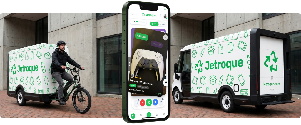 Logistique Jetroque : vélo-cargo de collecte, application mobile et camion de livraison aux couleurs de Jetroque