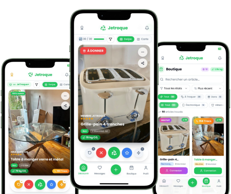 Application mobile JeTroque pour le troc et le don d'objets à Montréal