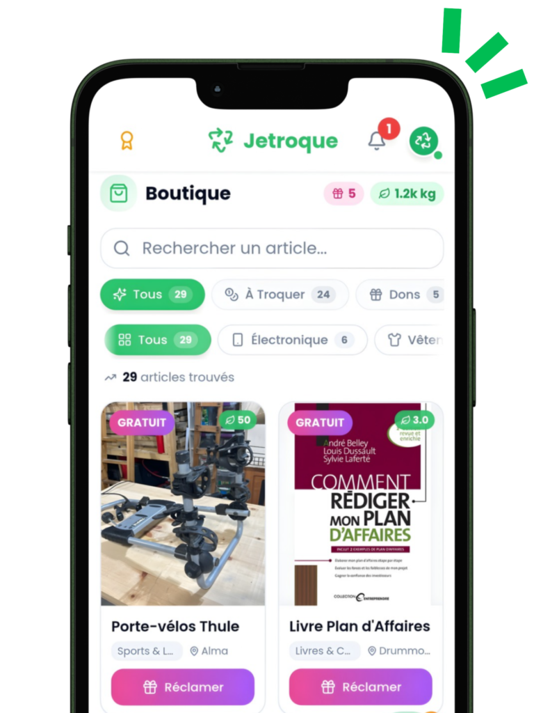 Application mobile JeTroque pour le troc et le don d'objets à Montréal